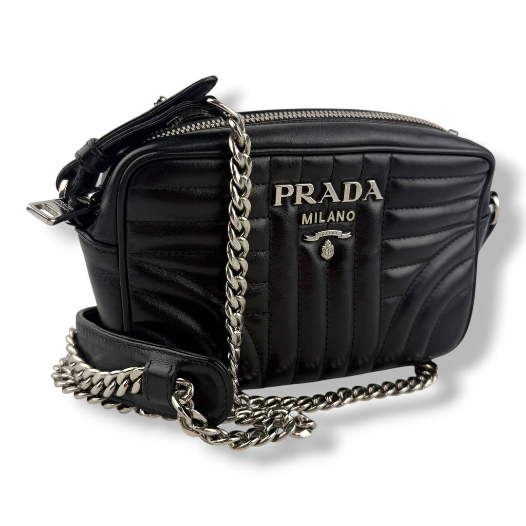 Prada Diagramme Black Calfskin Leather Camera Crossbody Handbag