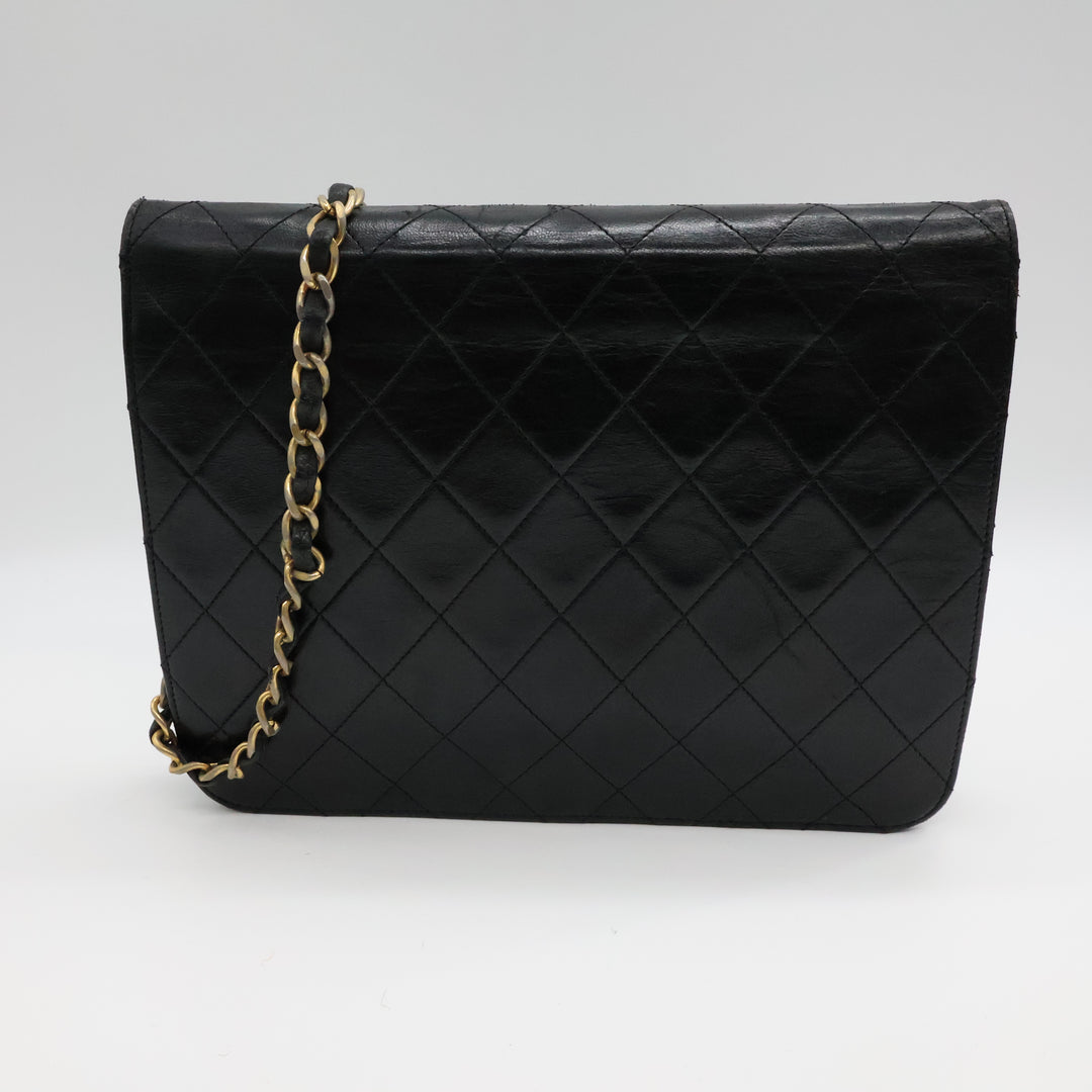 Chanel CC Black Push Lock Single Flap Quilted Lambskin Shoulder Handbag