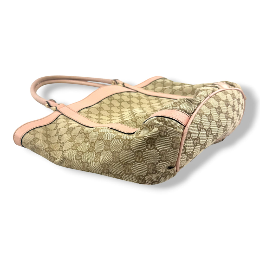 Gucci Abbey GG Beige/Pink Canvas D-Ring Tote Handbag