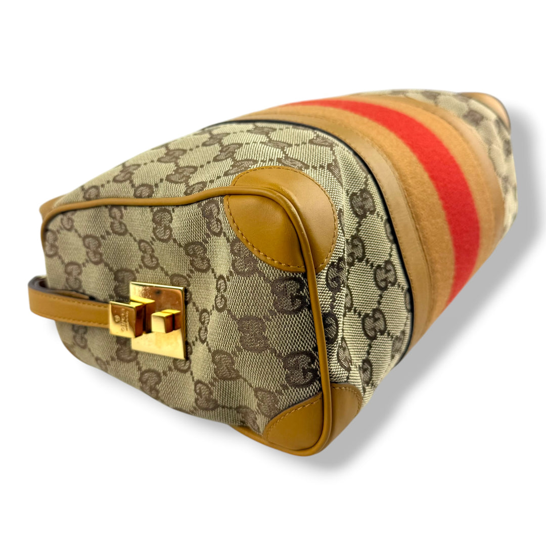 Gucci Sherry Line Beige/Red GG Monogram Boston Canvas Bag