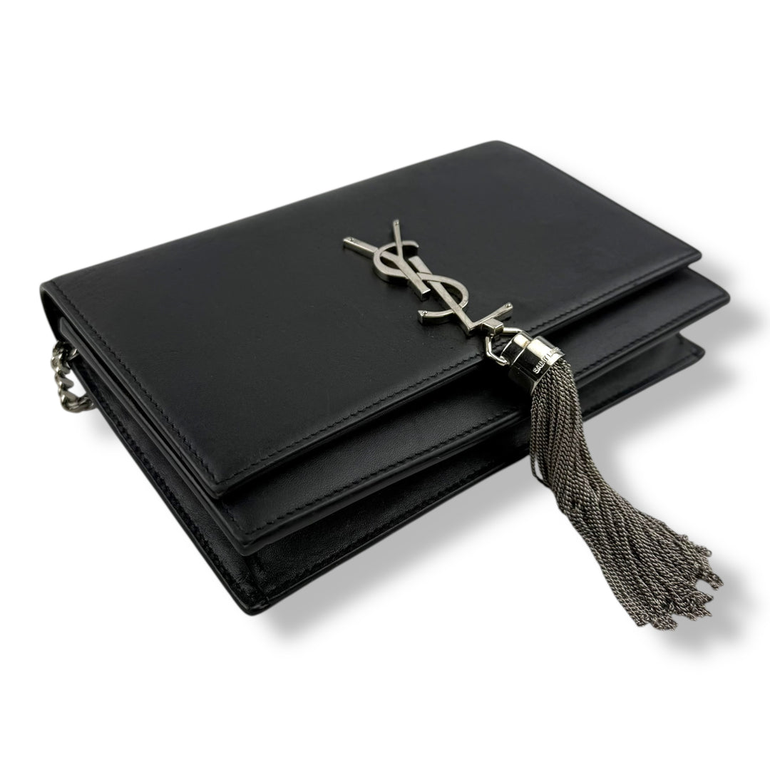 Saint Laurent YSL Black Leather Kate Tassel Wallet On Chain Handbag
