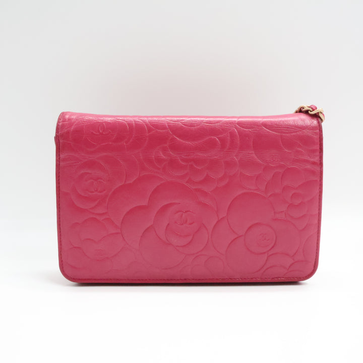 Chanel Lambskin Quilted Camelia Wallet On Chain WOC Fuchsia Handbag