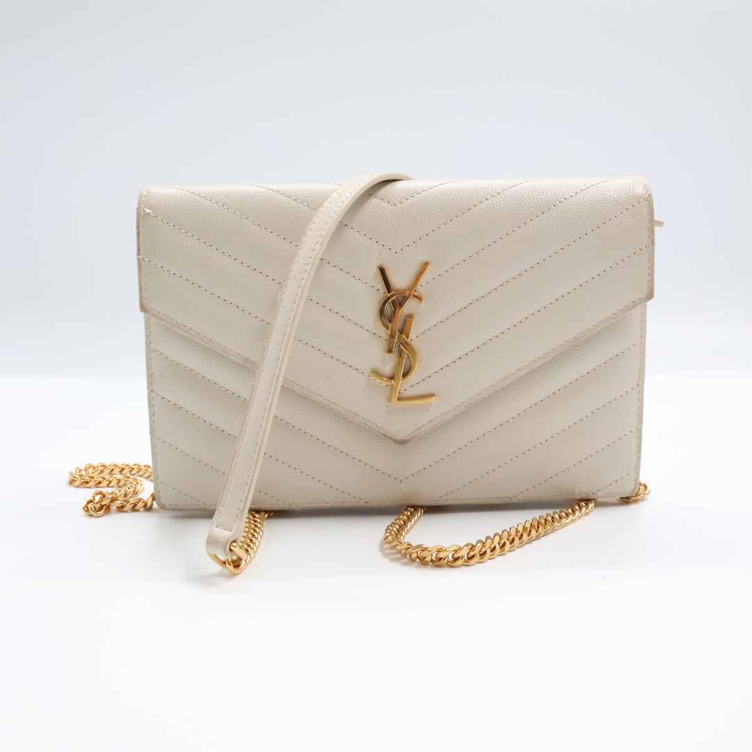 Saint Laurent YSL White Grained Envelope Leather Wallet On Chain Handbag