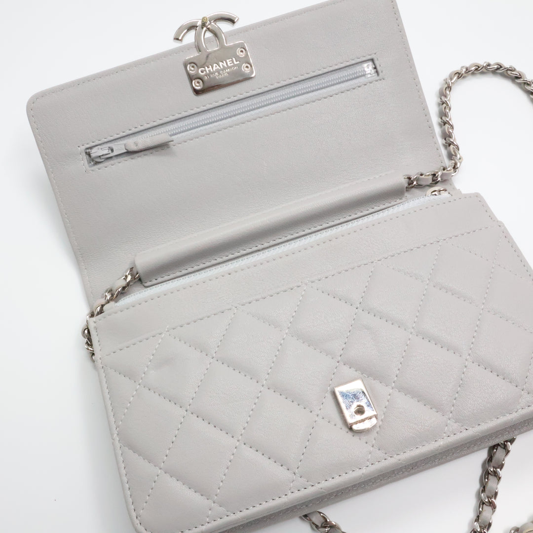 CHANEL Lambskin Quilted Wallet On Chain WOC Grey Handbag