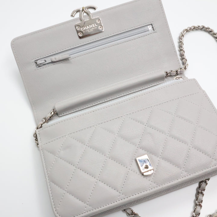 CHANEL Lambskin Quilted Wallet On Chain WOC Grey Handbag