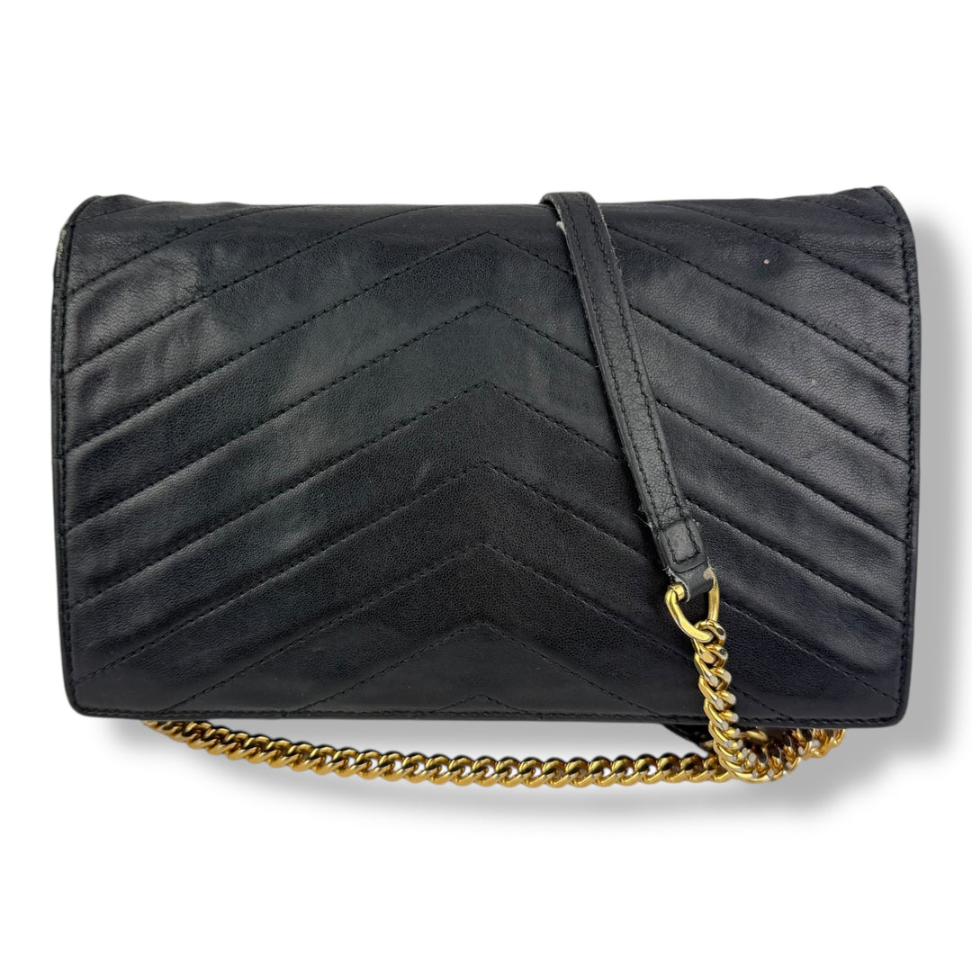 Saint Laurent YSL Black Envelope Leather Wallet On Chain Handbag