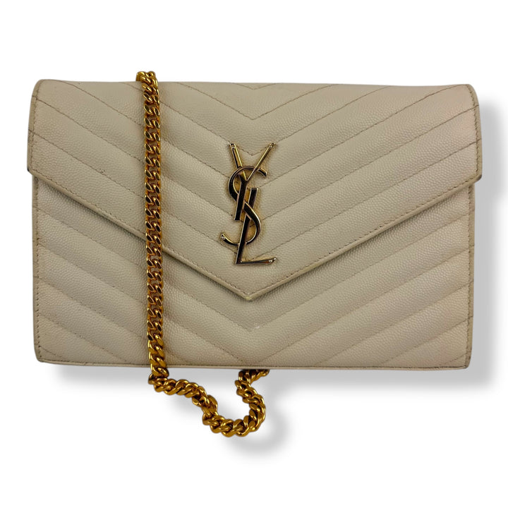 Saint Laurent YSL Matelasse White Leather Cassandre Wallet On Chain Handbag