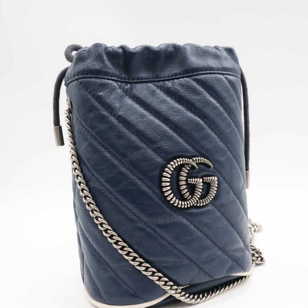 Gucci GG Marmont Navy Leather Mini Bucket Handbag