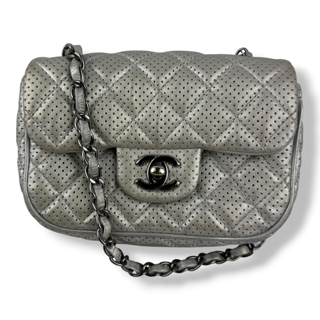 Chanel Mini Perforated Classic Flap Lambskin Silver Handbag