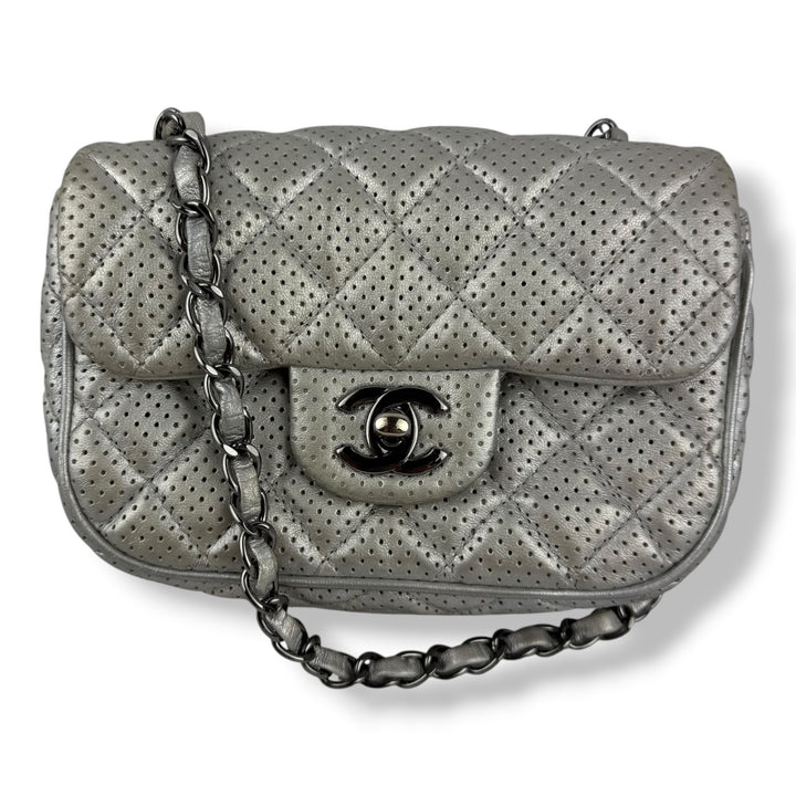 Chanel Mini Perforated Classic Flap Lambskin Silver Handbag
