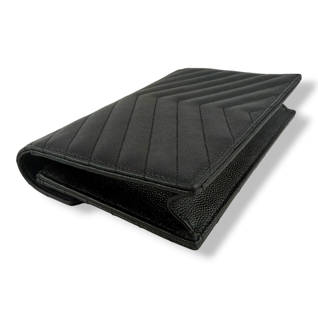 Saint Laurent YSL Black Grained Envelope Leather Wallet On Chain Handbag