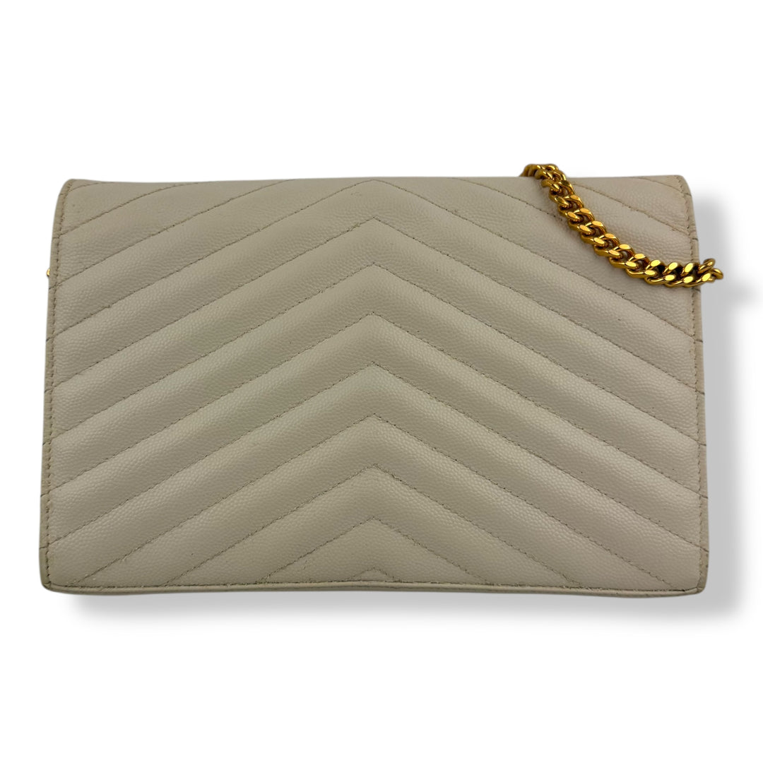 Saint Laurent YSL Matelasse White Leather Cassandre Wallet On Chain Handbag