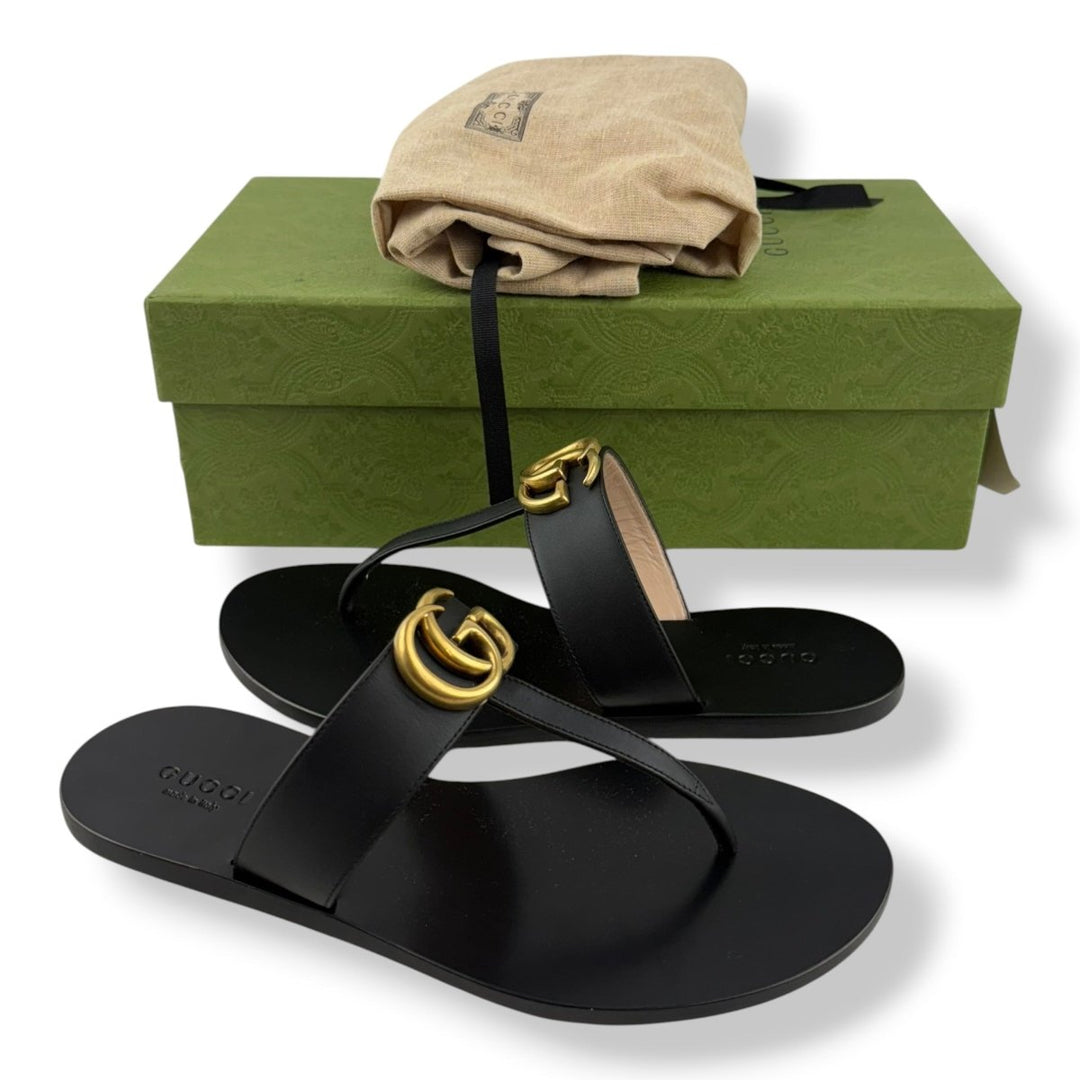 Calfskin GG Marmont Thong Sandals UK 3.5 Black - Lux Central