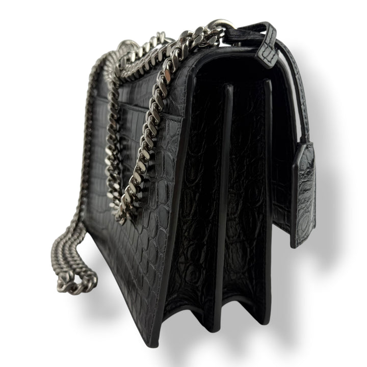 Saint Laurent Black Croc Embossed Leather Medium Sunset Chain Bag
