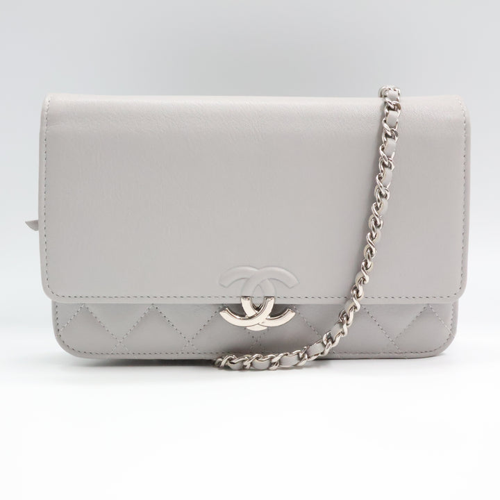 CHANEL Lambskin Quilted Wallet On Chain WOC Grey Handbag
