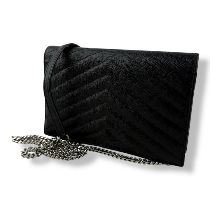 Saint Laurent YSL Black Grained Envelope Leather Wallet On Chain Handbag