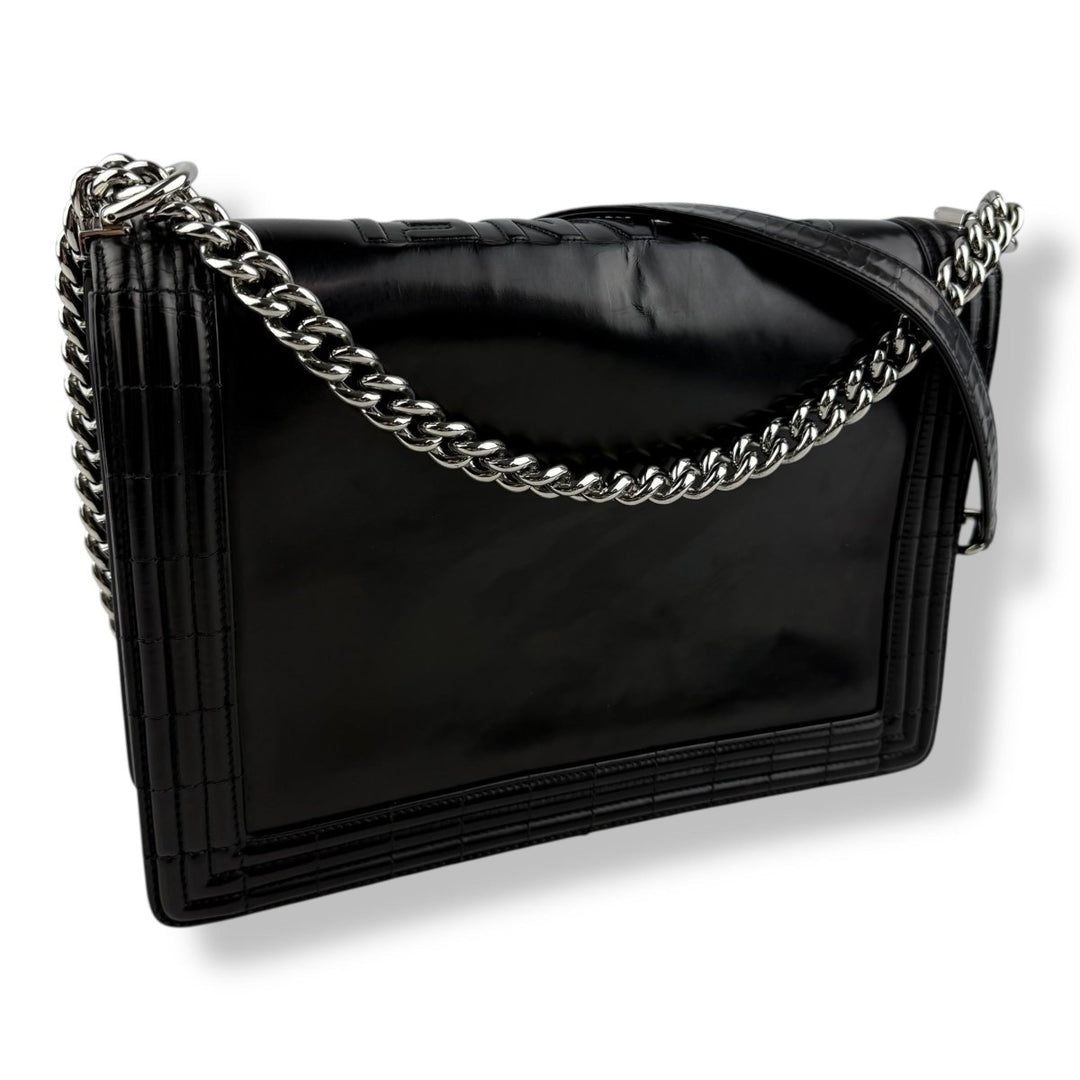 Chanel Black Gloss Leather Large Lambskin Boy Handbag - Lux Central