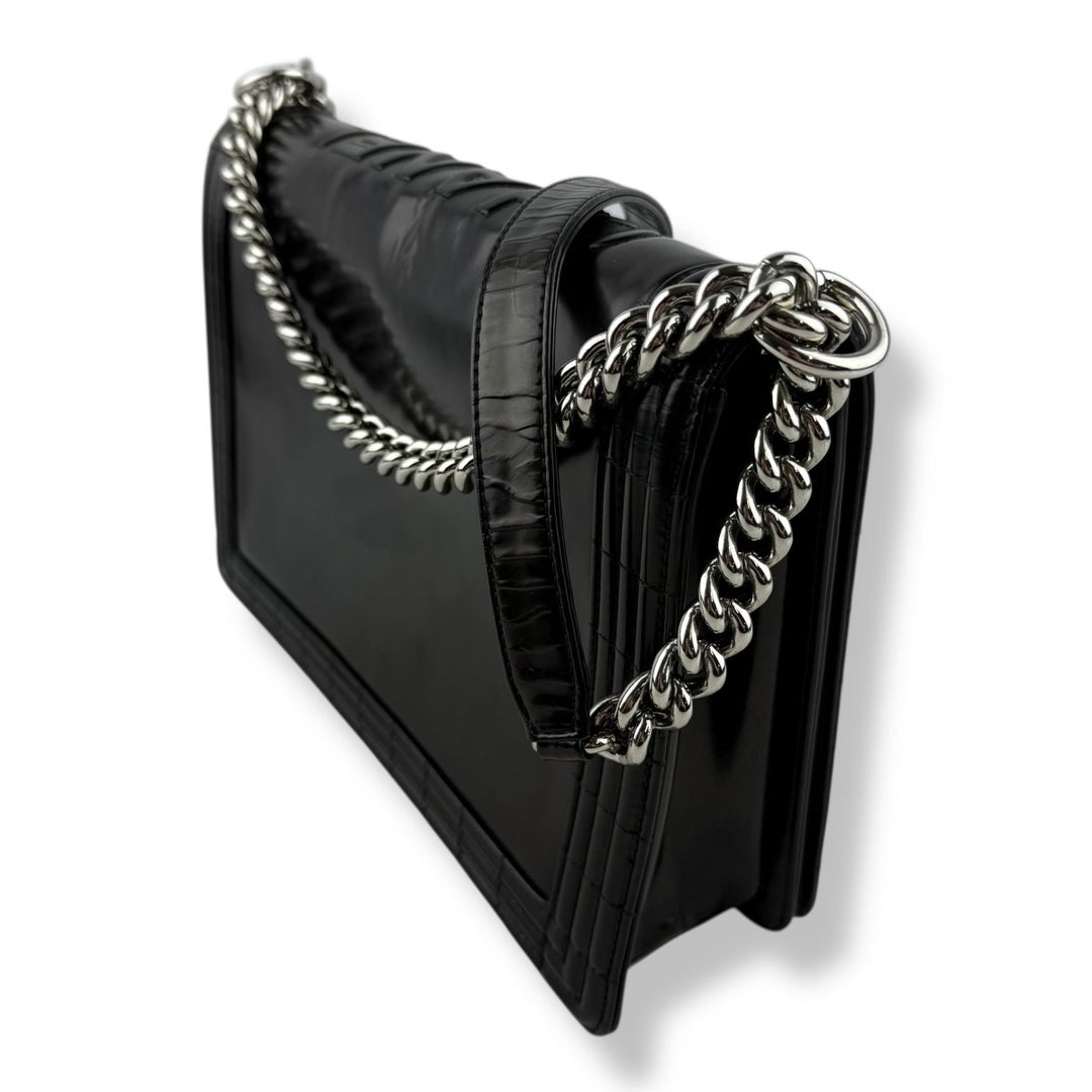 Chanel Black Gloss Leather Large Lambskin Boy Handbag - Lux Central