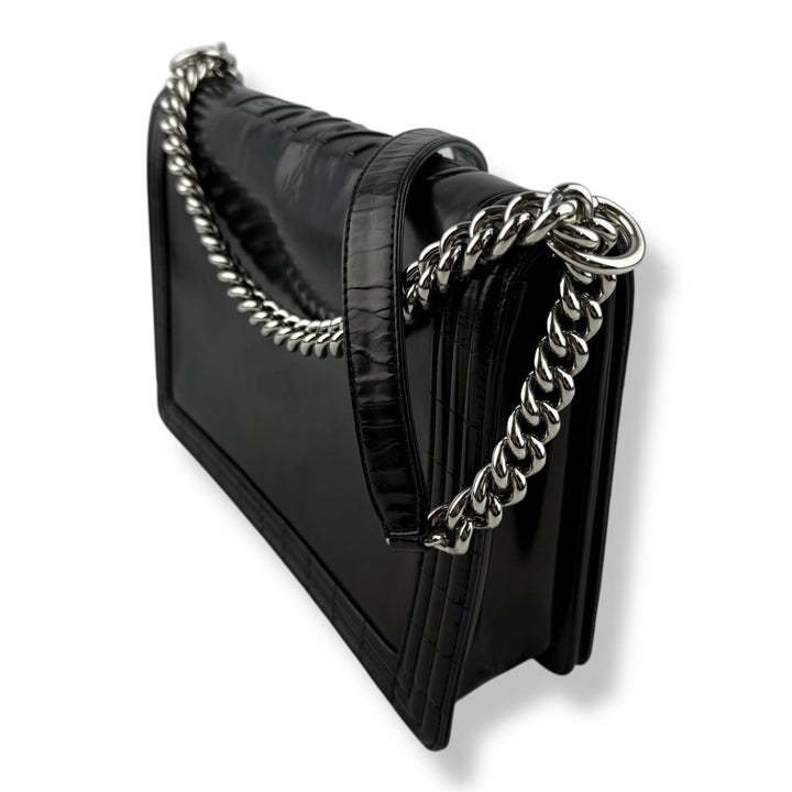 Chanel Black Gloss Leather Large Lambskin Boy Handbag - Lux Central