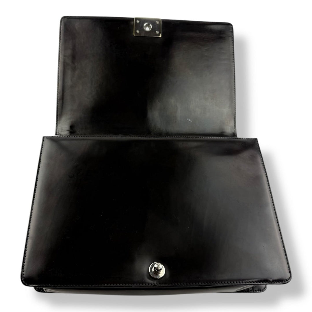 Chanel Black Gloss Leather Large Lambskin Boy Handbag - Lux Central