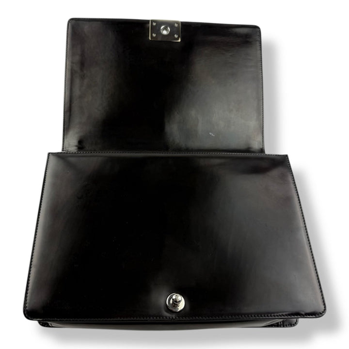 Chanel Black Gloss Leather Large Lambskin Boy Handbag - Lux Central
