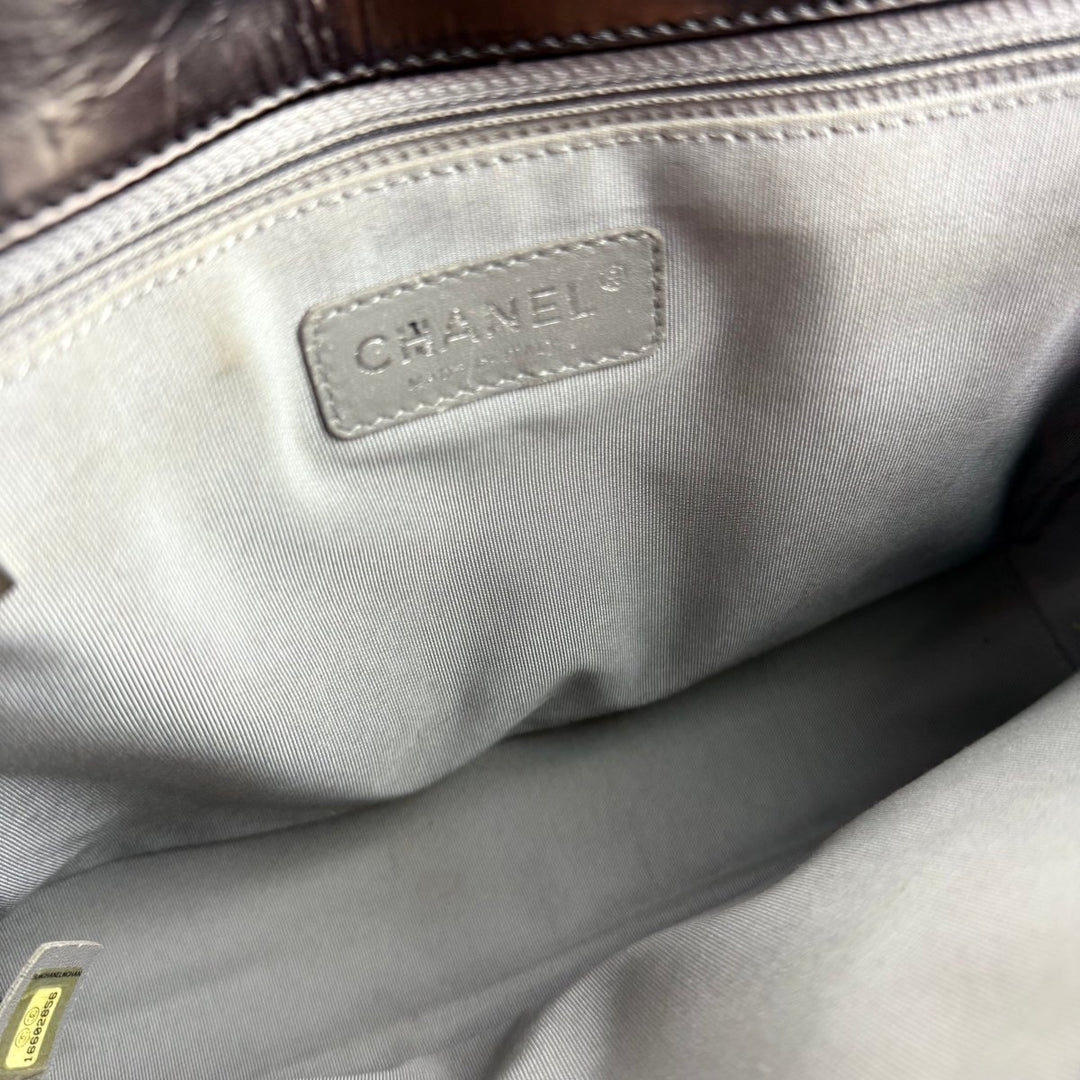 Chanel Black Gloss Leather Large Lambskin Boy Handbag - Lux Central