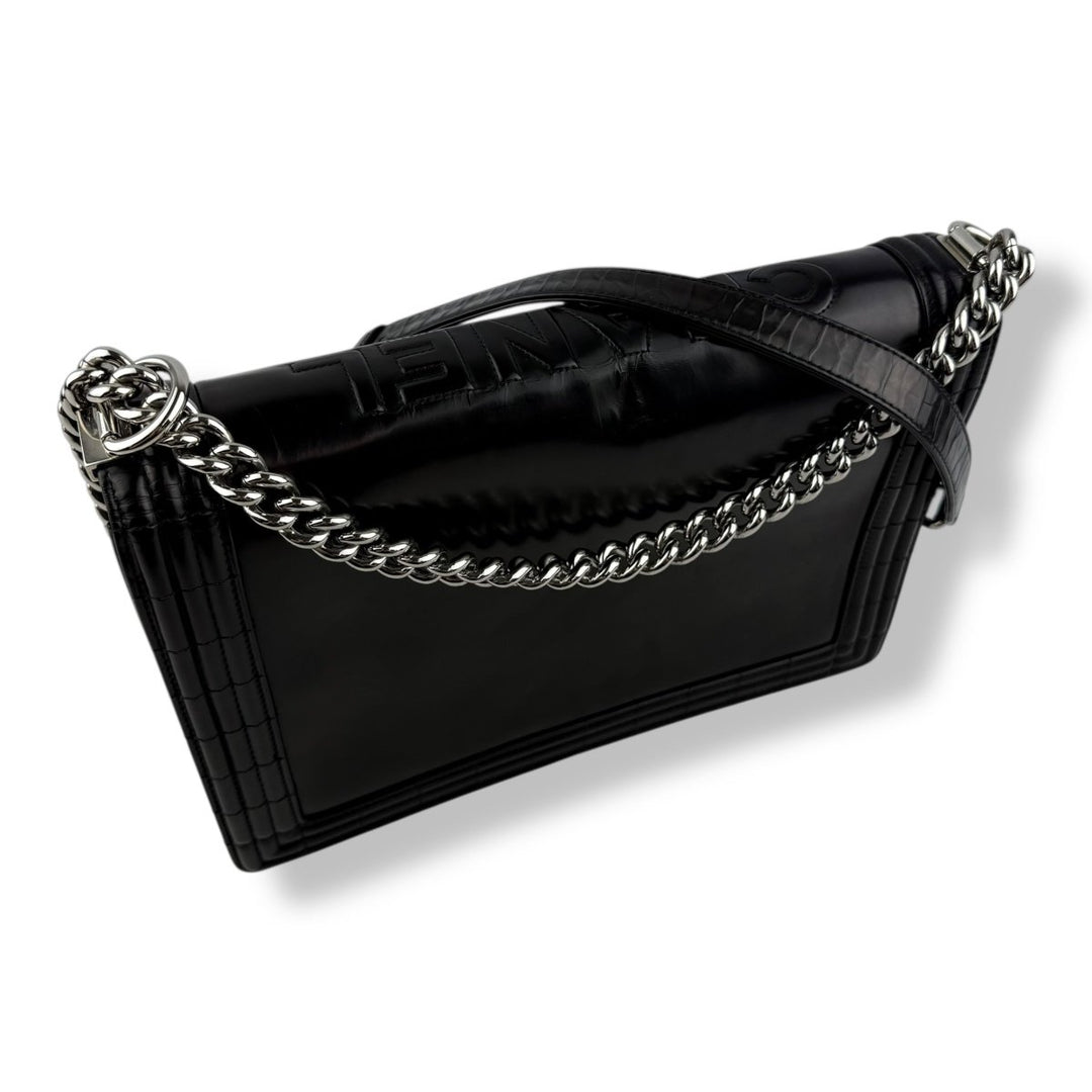 Chanel Black Gloss Leather Large Lambskin Boy Handbag - Lux Central