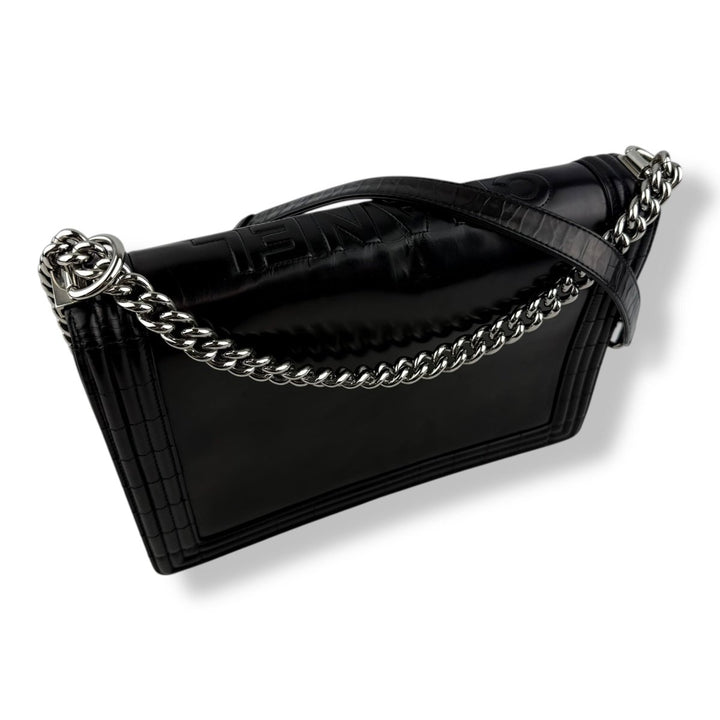 Chanel Black Gloss Leather Large Lambskin Boy Handbag - Lux Central