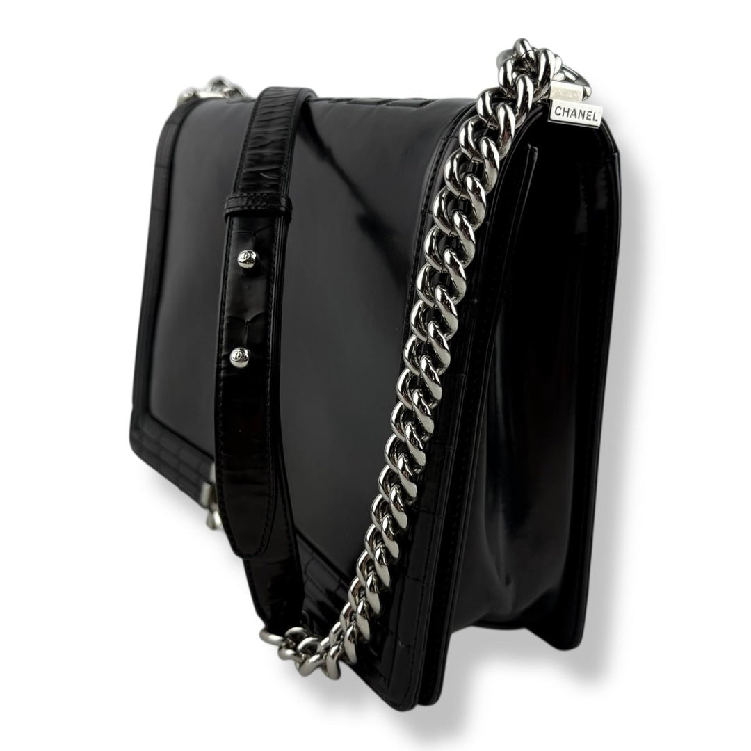 Chanel Black Gloss Leather Large Lambskin Boy Handbag - Lux Central