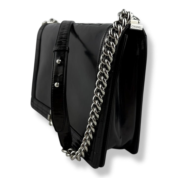 Chanel Black Gloss Leather Large Lambskin Boy Handbag - Lux Central