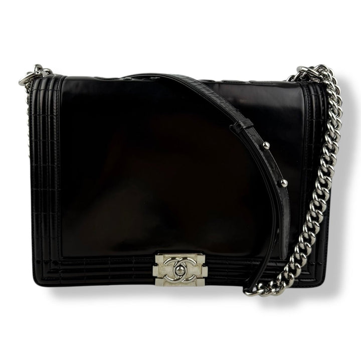 Chanel Black Gloss Leather Large Lambskin Boy Handbag - Lux Central