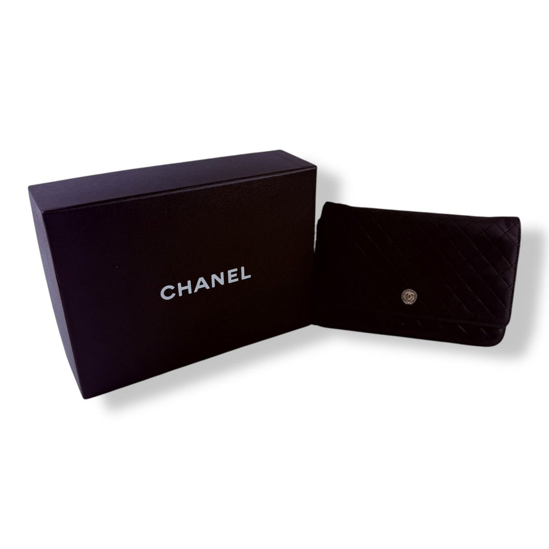 Chanel Black Quilted Lambskin Crest Wallet on Chain Handbag - Lux Central