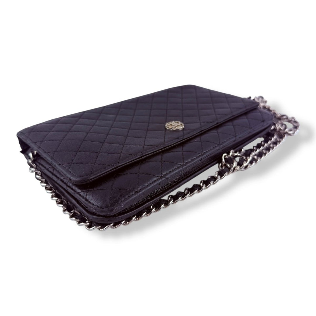Chanel Black Quilted Lambskin Crest Wallet on Chain Handbag - Lux Central