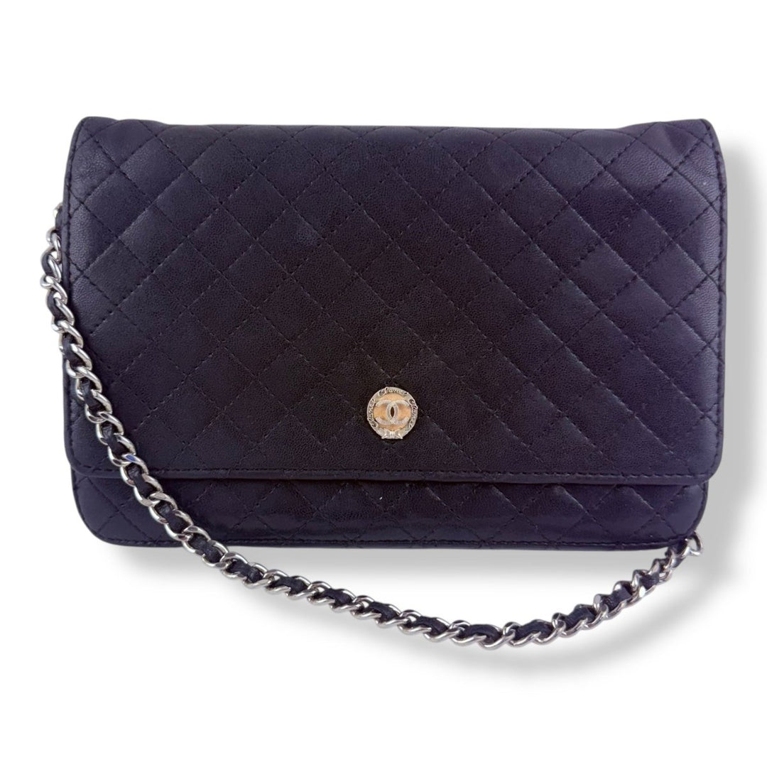 Chanel Black Quilted Lambskin Crest Wallet on Chain Handbag - Lux Central