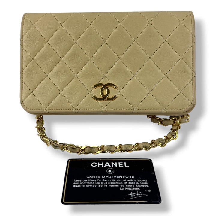 Chanel CC Beige Push Lock Single Flap Lambskin Shoulder Handbag - Lux Central