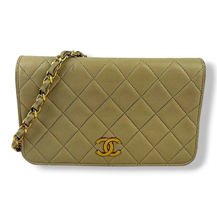 Chanel CC Beige Push Lock Single Flap Lambskin Shoulder Handbag - Lux Central