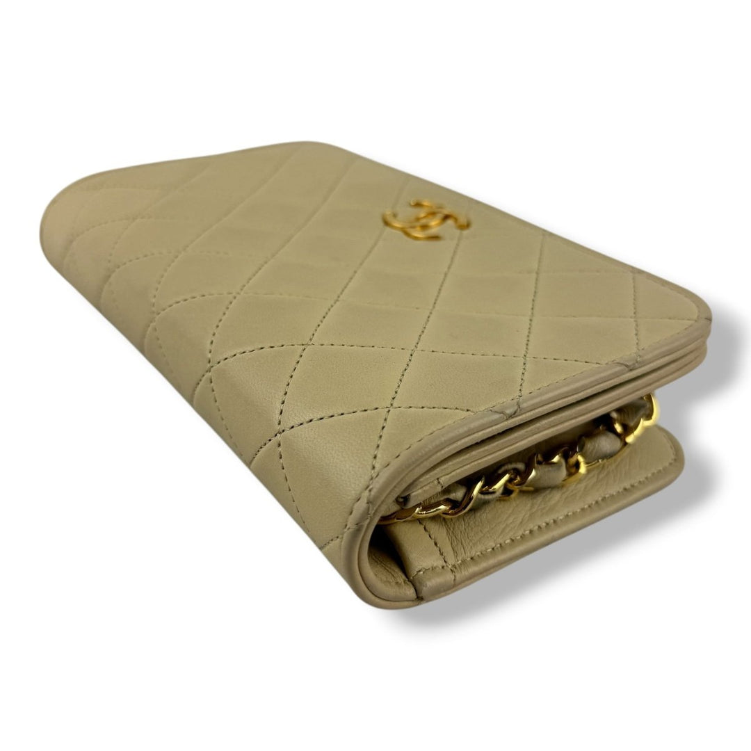 Chanel CC Beige Push Lock Single Flap Lambskin Shoulder Handbag - Lux Central
