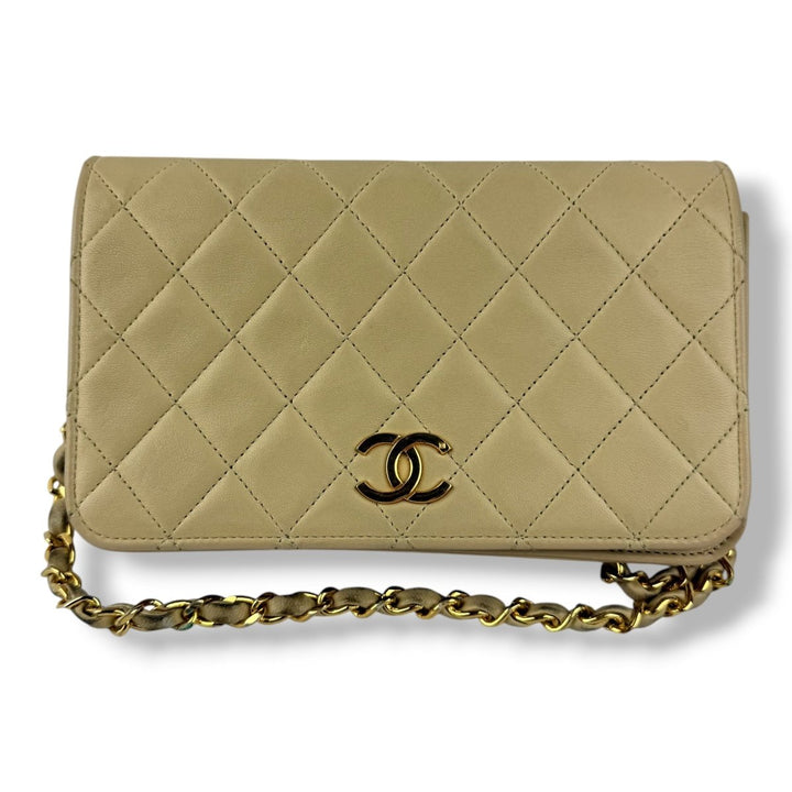 Chanel CC Beige Push Lock Single Flap Lambskin Shoulder Handbag - Lux Central