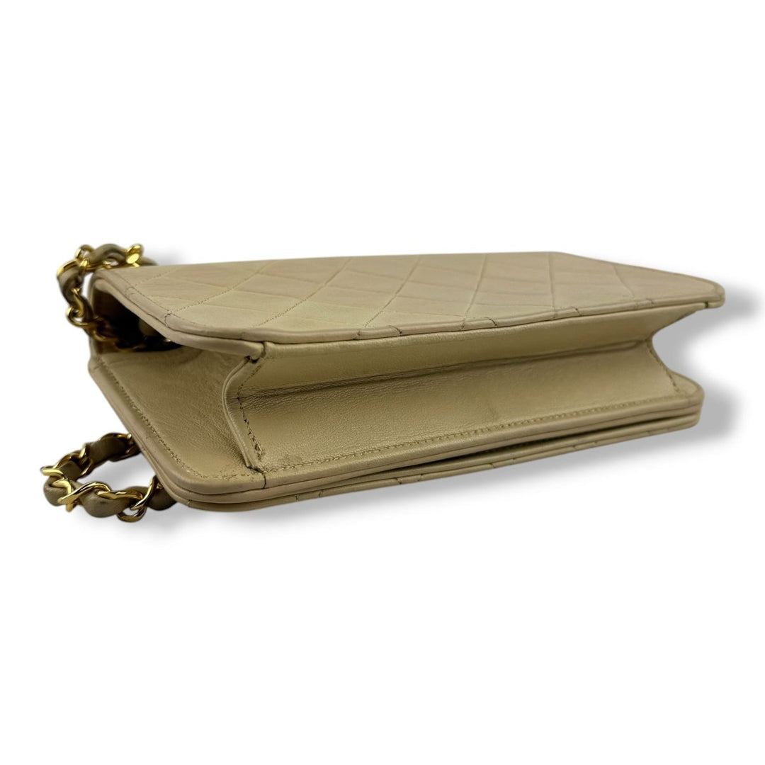 Chanel CC Beige Push Lock Single Flap Lambskin Shoulder Handbag - Lux Central