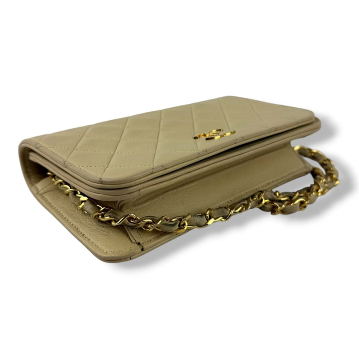 Chanel CC Beige Push Lock Single Flap Lambskin Shoulder Handbag - Lux Central