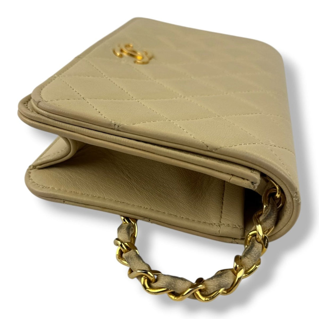 Chanel CC Beige Push Lock Single Flap Lambskin Shoulder Handbag - Lux Central