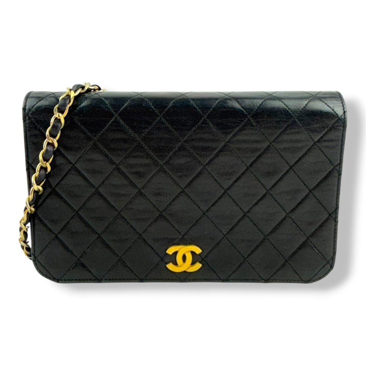 Chanel CC Black Push Lock Single Flap Lambskin Shoulder Handbag - Lux Central