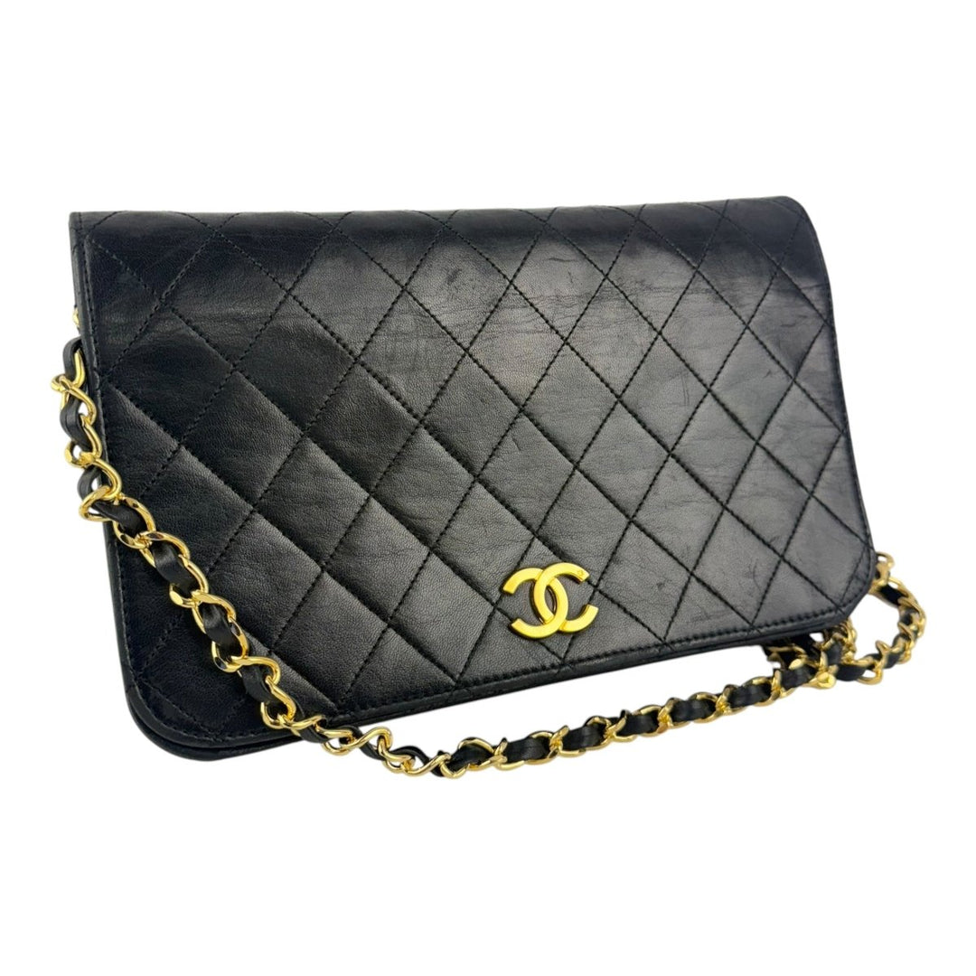 Chanel CC Black Push Lock Single Flap Lambskin Shoulder Handbag - Lux Central