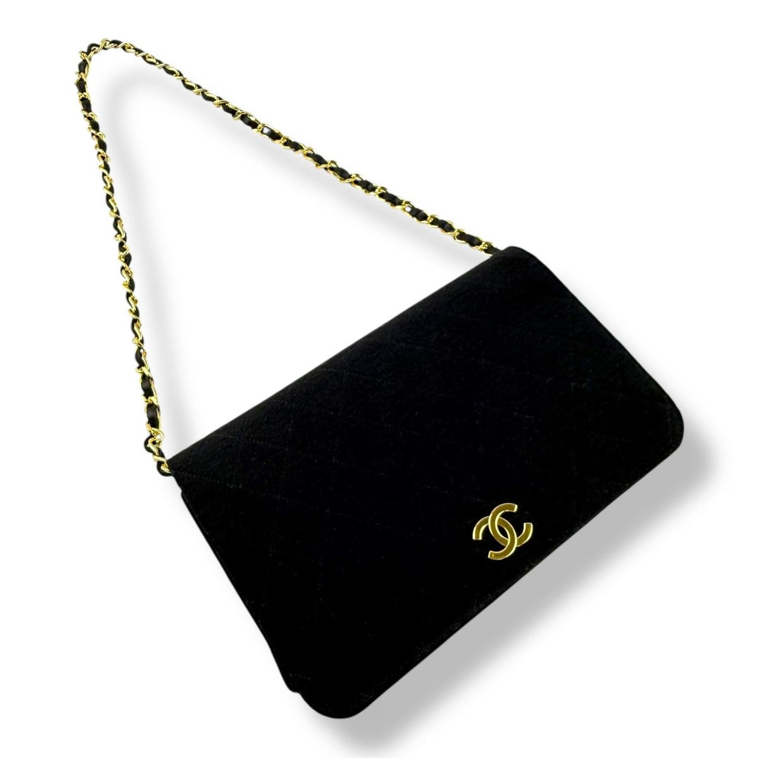 Chanel CC Black Push Lock Single Flap Quilted Cotton Shoulder Handbag - Lux Central