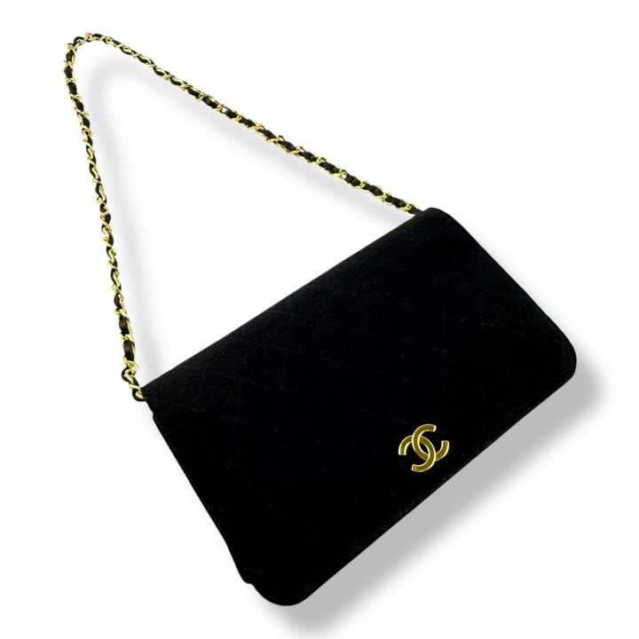 Chanel CC Black Push Lock Single Flap Quilted Cotton Shoulder Handbag - Lux Central