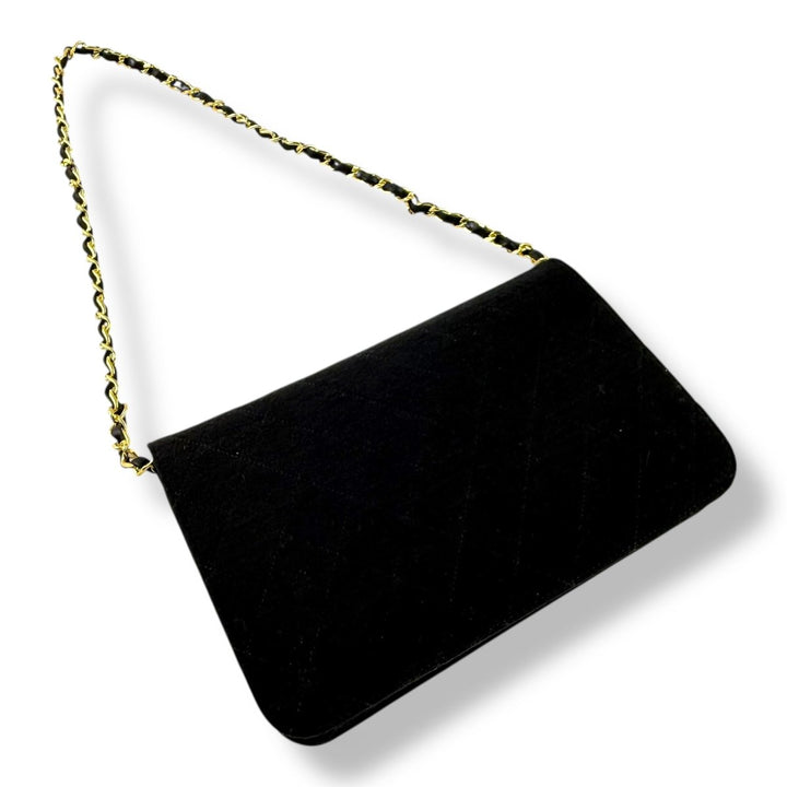 Chanel CC Black Push Lock Single Flap Quilted Cotton Shoulder Handbag - Lux Central