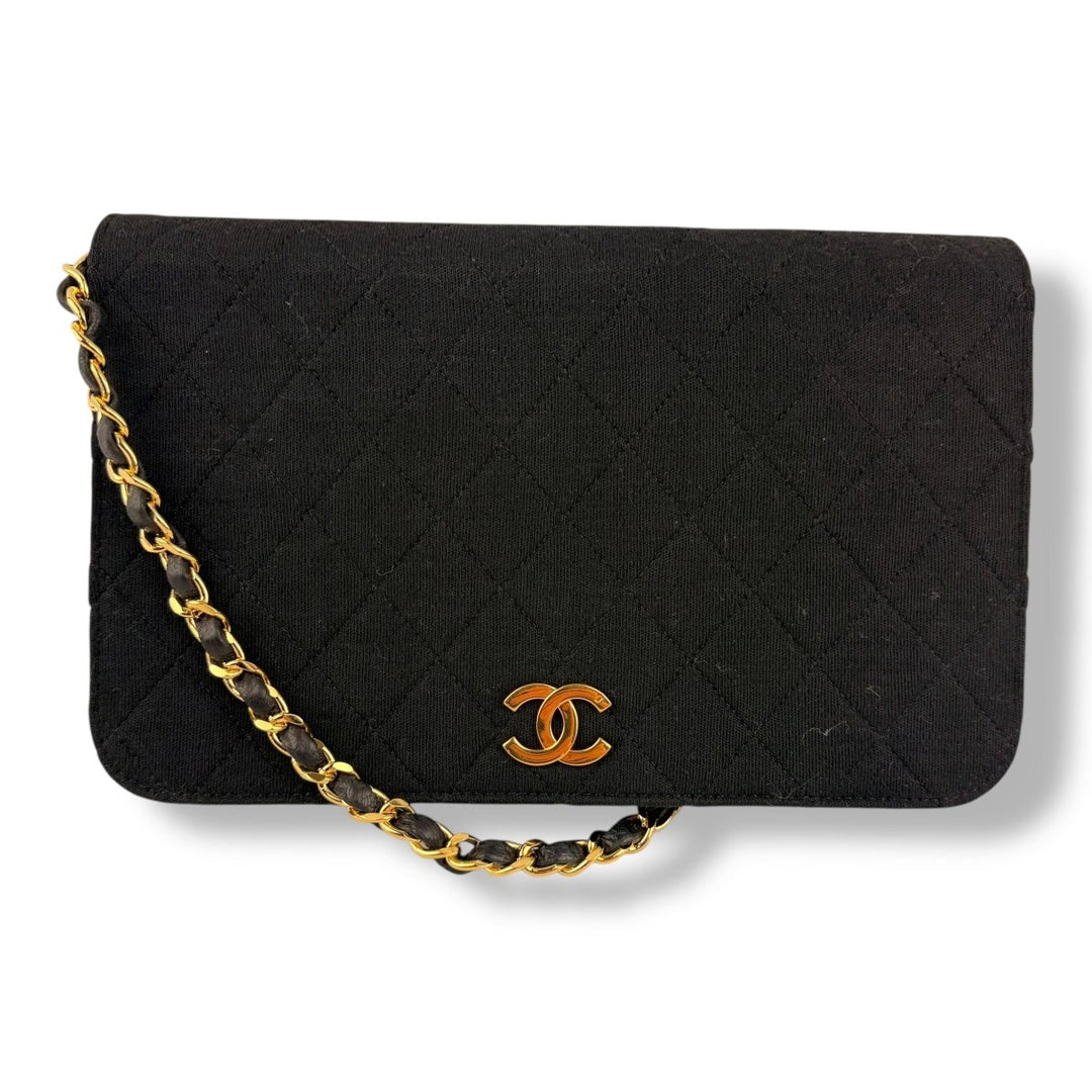 Chanel CC Black Push Lock Single Flap Quilted Cotton Shoulder Handbag - Lux Central