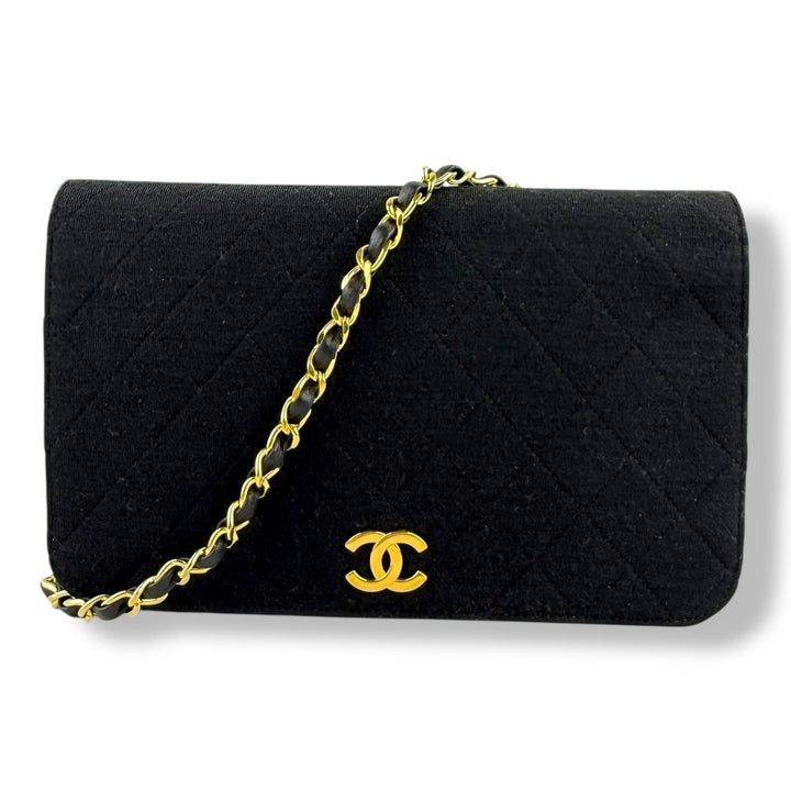 Chanel CC Black Push Lock Single Flap Quilted Cotton Shoulder Handbag - Lux Central