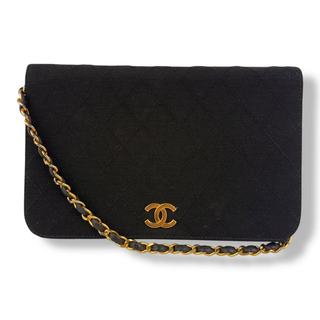 Chanel CC Black Push Lock Single Flap Quilted Cotton Shoulder Handbag - Lux Central