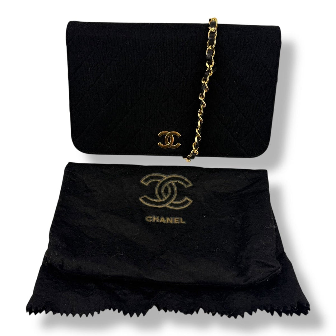 Chanel CC Black Push Lock Single Flap Quilted Cotton Shoulder Handbag - Lux Central